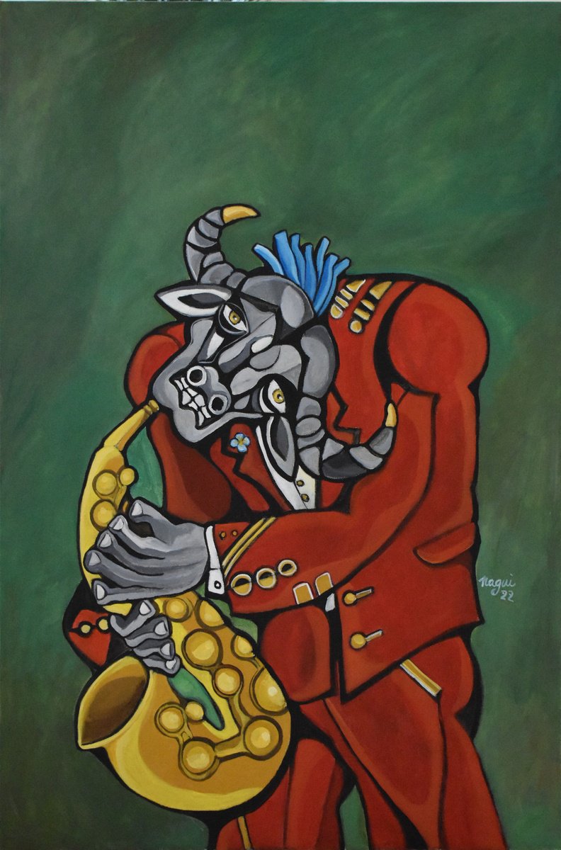 Expressive Portrait Acrylic Painting By Nagui, 24 X 36", Buffalo Bull And His Golden Saxophone, Original Artwork