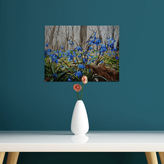 Blue Flowers Woods Art, Hyper Realistic Painting