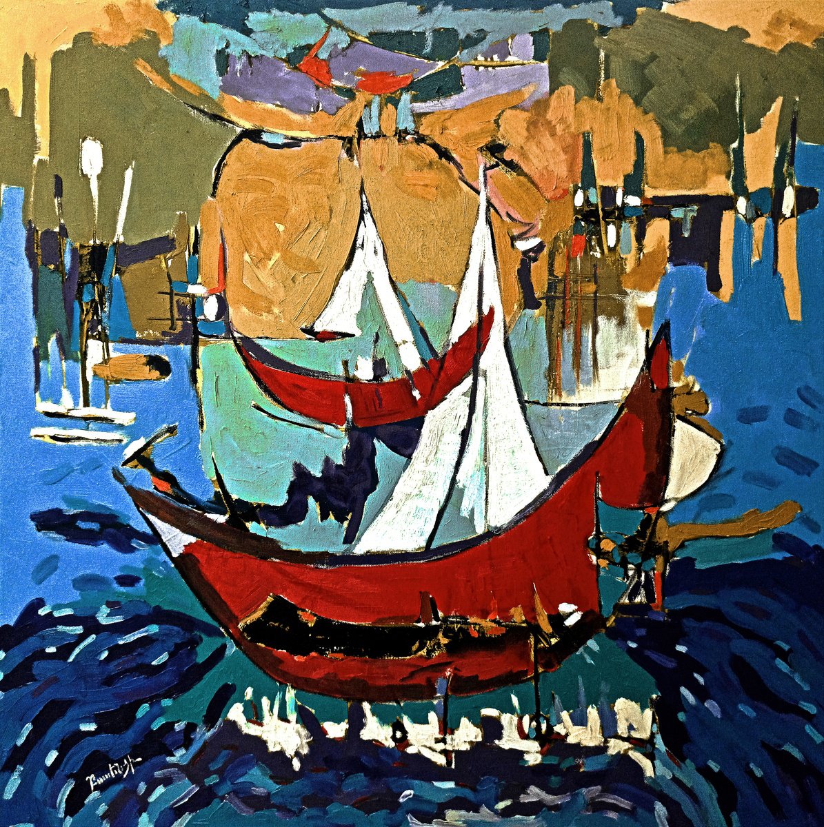 Abstract Landscape Oil Painting By Artyom Basenci, 39 X 39, Abstract Navigation, Original Artwork