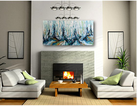 Early Spring III - Original Blue Brown Abstract Painting, Large Textured Modern Wall Art