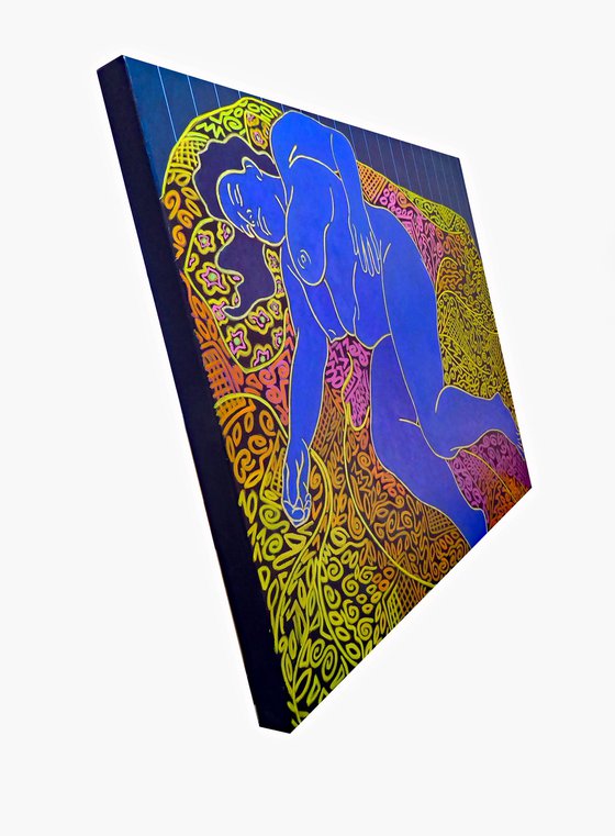 BLUE NUDE ASLEEP ON PATTERNED THROW
