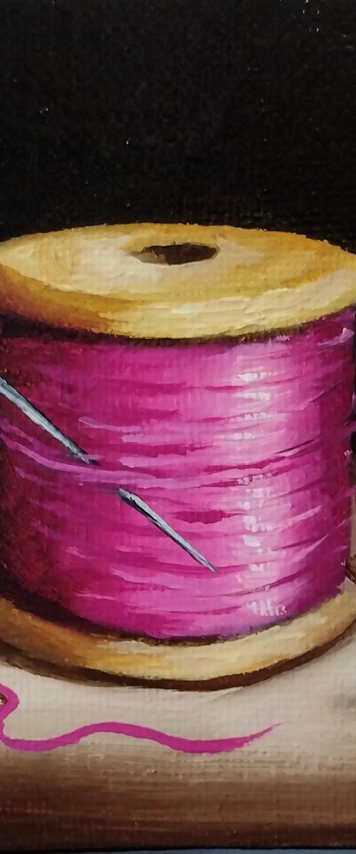 Little Pink cotton reel  still life by Jane Palmer Art