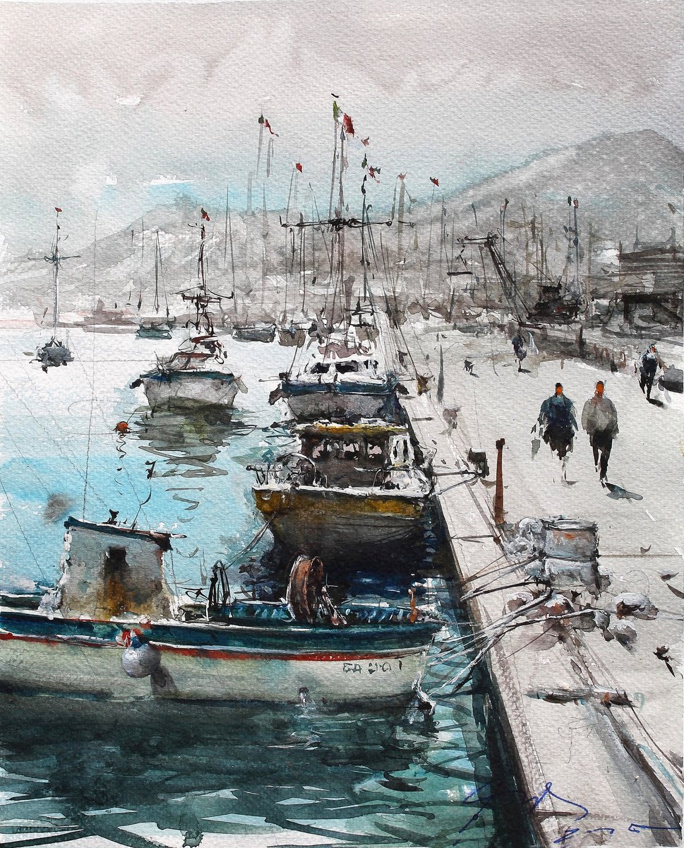 Impressionistic Landscape Watercolour By Maximo Damico, 11 X 14", Boats In Salerno Port, Original Artwork