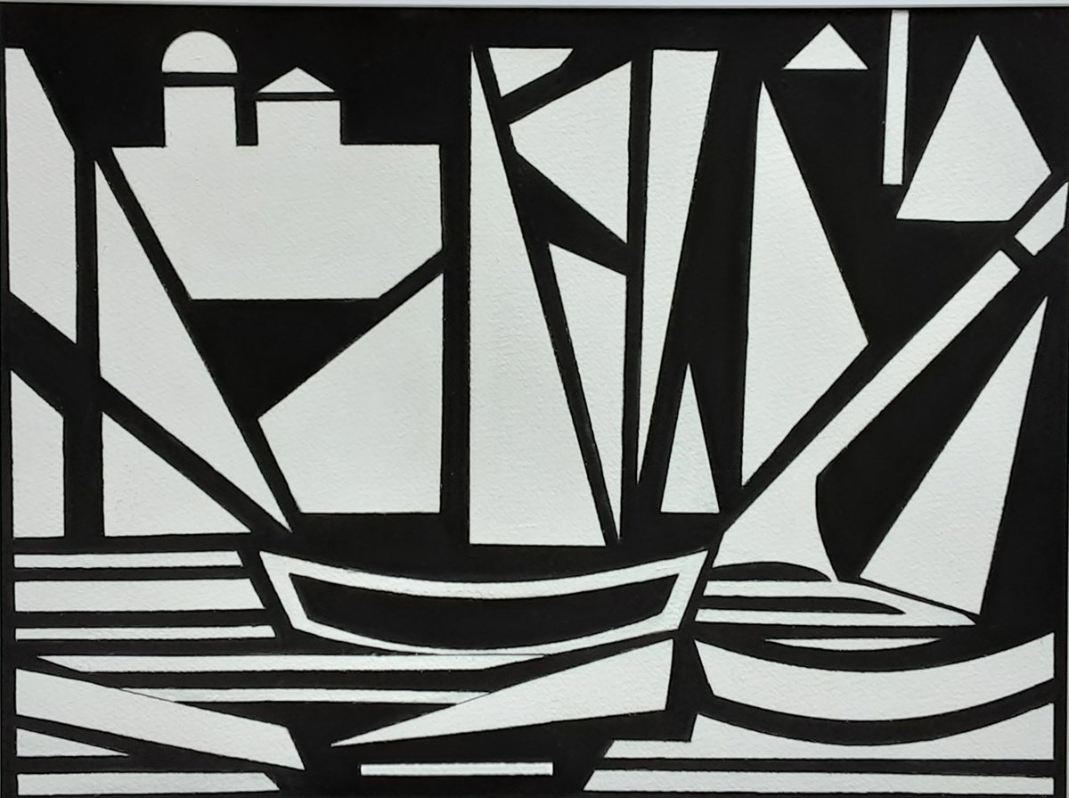 Geometric Abstract Painting By Paul Heron, 21 X 17", Harbour, Original Artwork