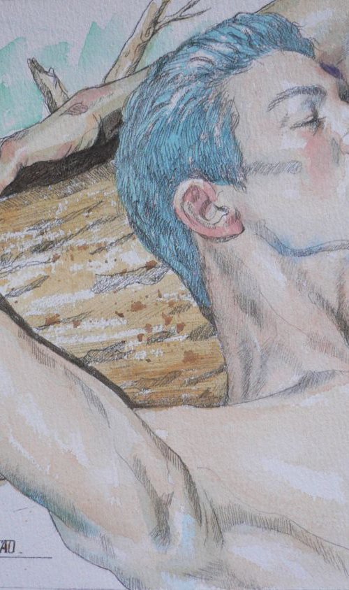 watercolor painting  male nude  on paper #1751 by Hongtao Huang