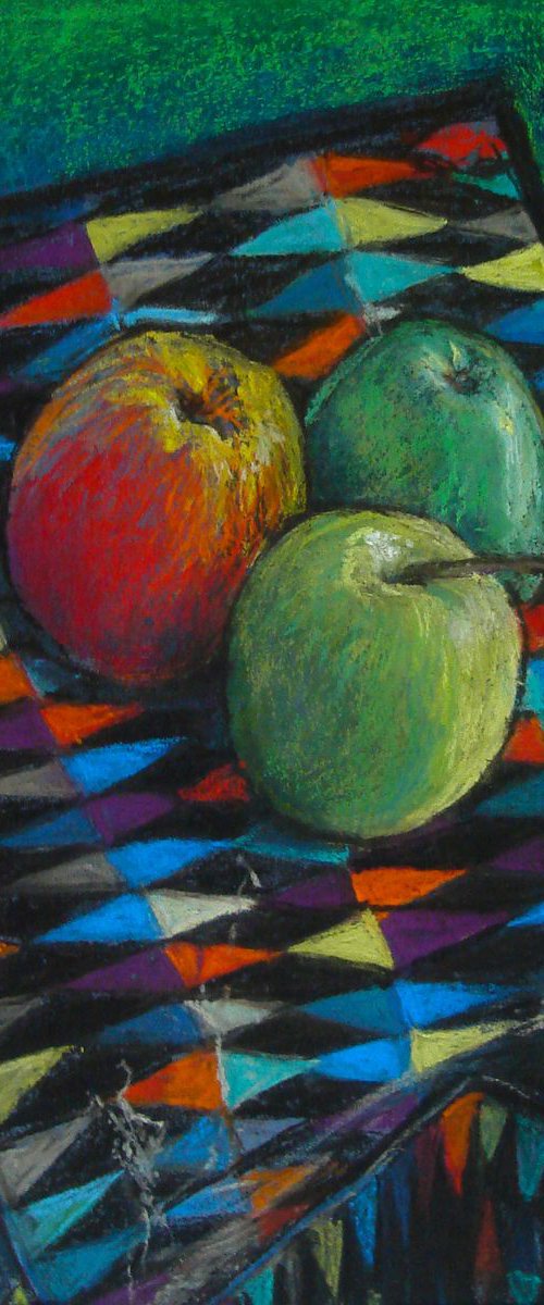 Still life three apples on a Harlequin background by Patricia Clements