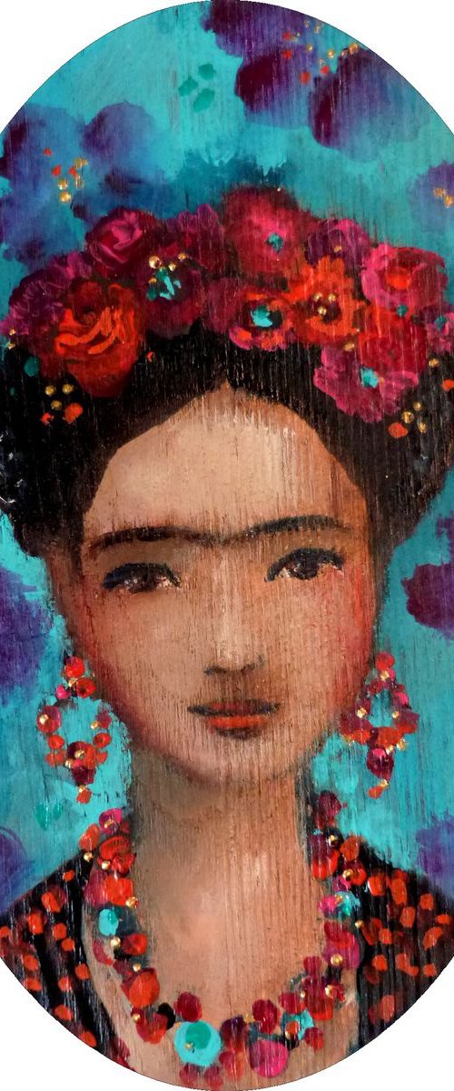 "A tribute to Frida " acrylic on wood 20x12.5cm by Loetitia Pillault