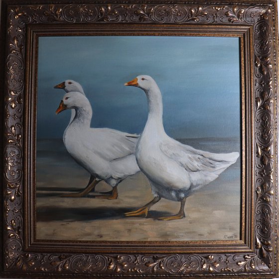 Lockdown Morning Chorus Series - A Gaggle Off to Pasture Painting, Bird Art by Alex Jabore