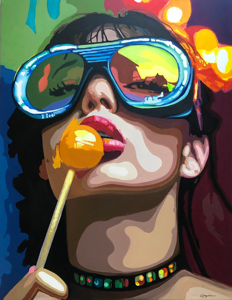 Urban And Pop Portrait Oil Painting By Viacheslav Zaykin, 35 X 46", Pop Art Girl With Futuristic Glasses, Original Artwork