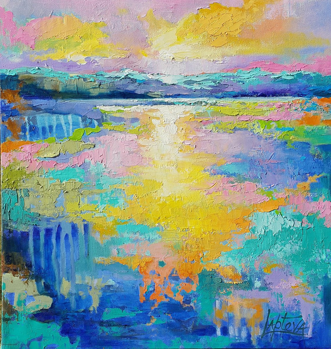 Organic Abstract Oil Painting By Viktoria Lapteva, 17 X 18", Evening Symphony, Original Artwork
