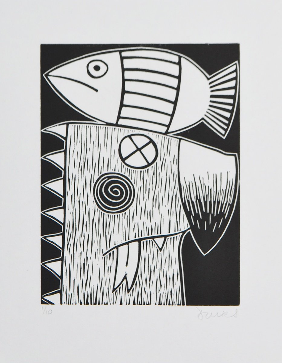 Graphic Animal Linocut By Julian Davies, 9 X 11", Votive Offering, Original Artwork