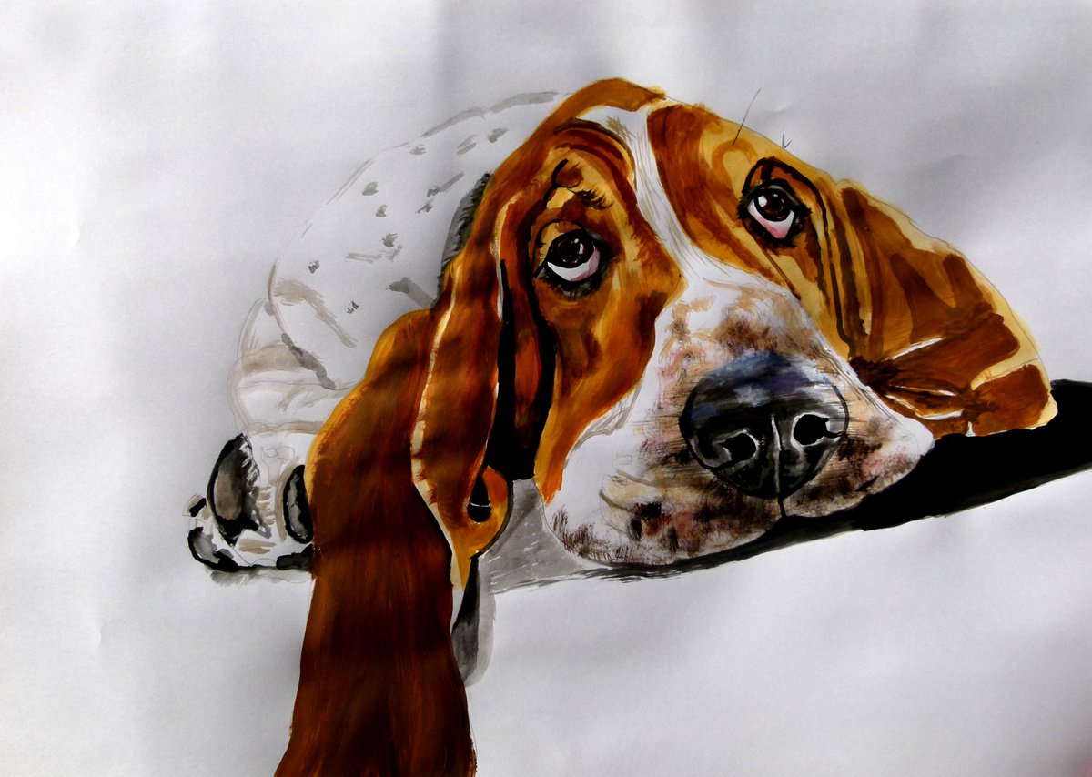 Photorealistic Animal Acrylic Painting By Soso Kumsiashvili, 33 X 24", Basset Hound, Original Artwork