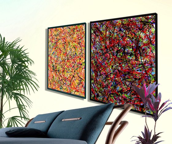 DIPTYCH - CARIBBEAN DAY AND NIGHT, pollock style, framed