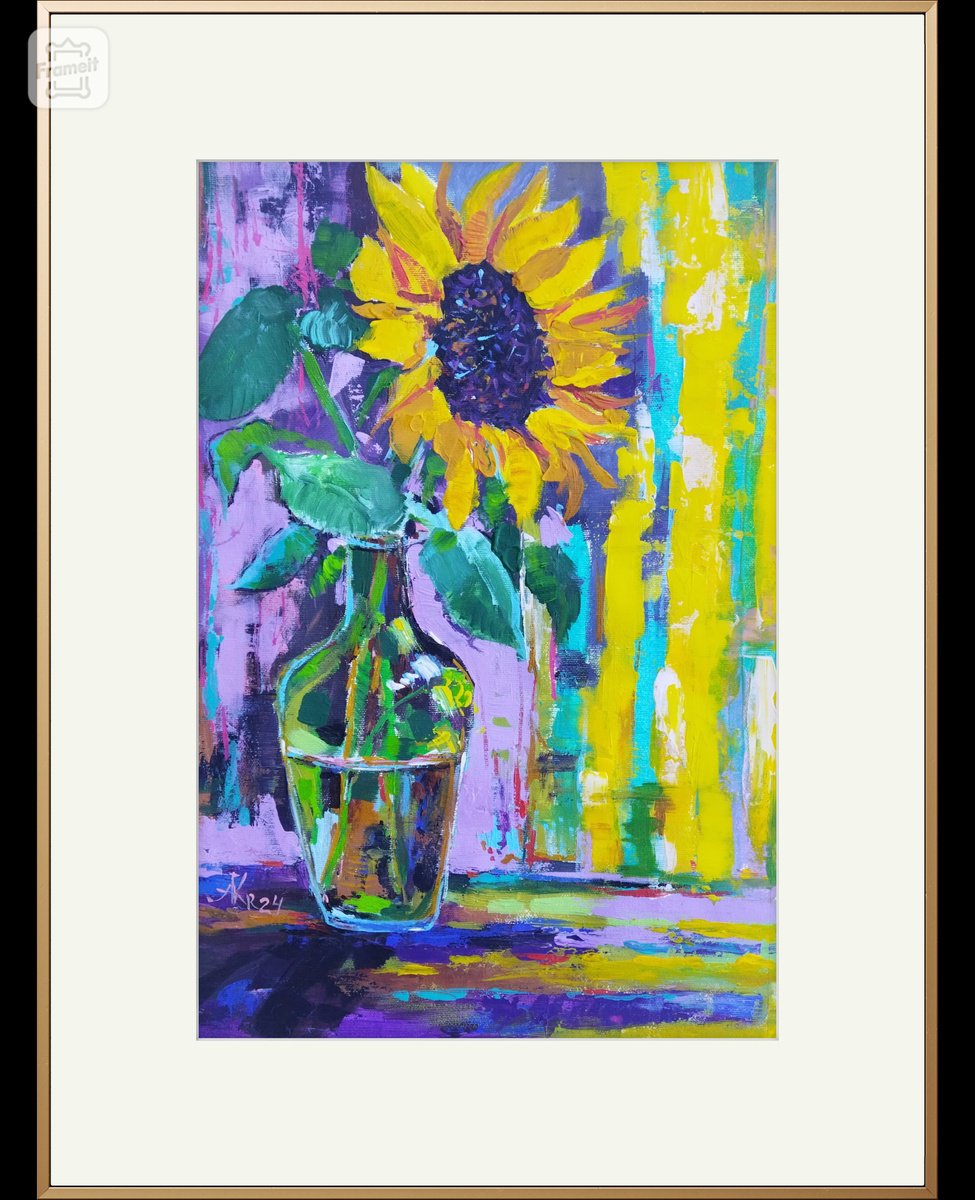Expressive Botanical Acrylic Painting By Ann Krasikova, 16 X 21, Sunflower Still Life Art, Original Artwork