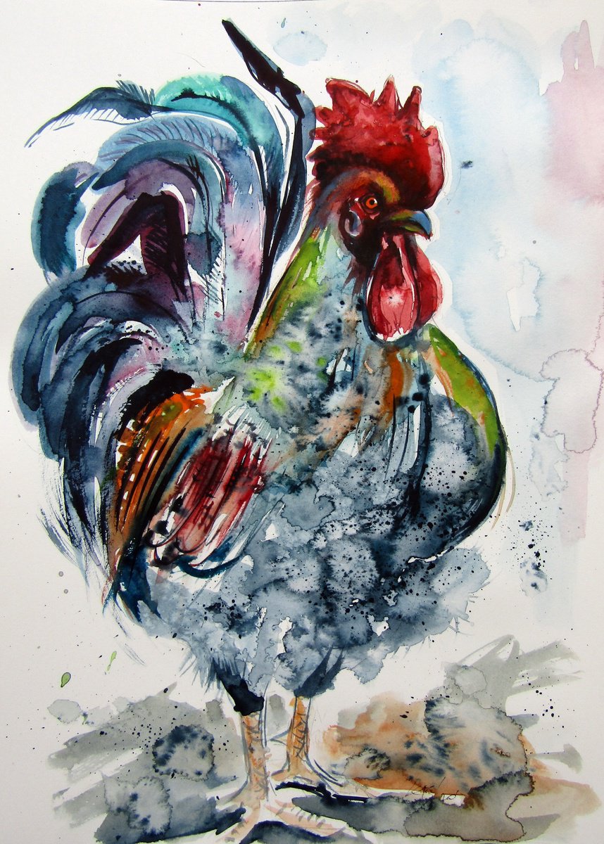 Impressionistic Animal Watercolour By Kovacs Anna Brigitta, 10 X 14", Proud Rooster, Original Artwork