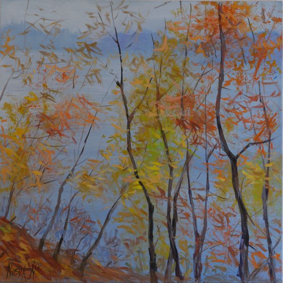 Autumn nature 80/80 cm river foggy original oil painting misty orange leaves