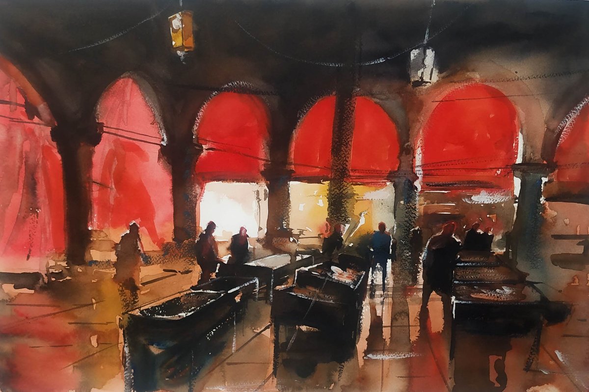 Impressionistic Cityscapes Watercolour By Flavio Furlan, 21 X 14, Venezia Mercato Del Pesce, Original Artwork