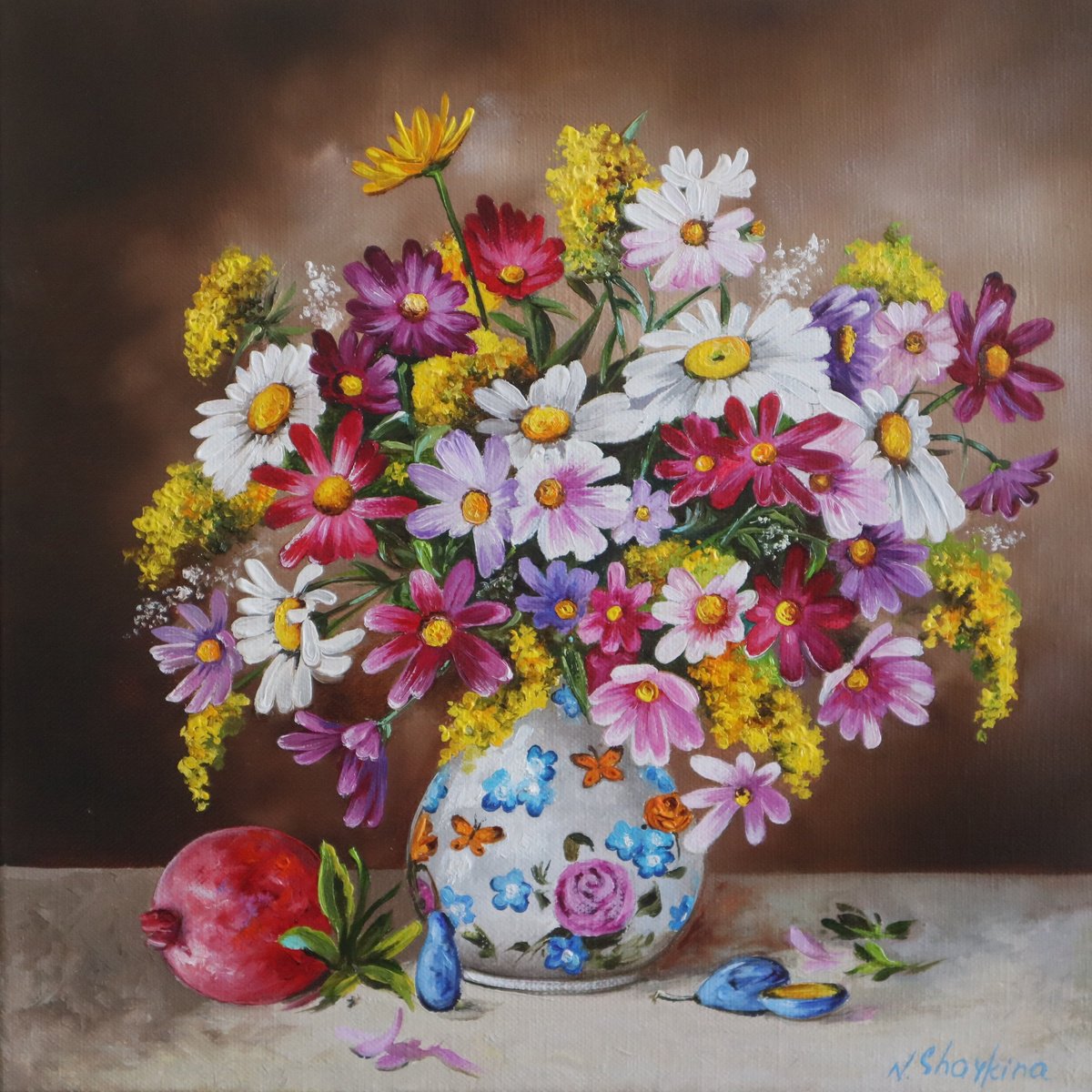 Impressionistic Botanical Oil Painting By Natalia Shaykina, 20 X 20", Cosmos Flowers, Original Artwork