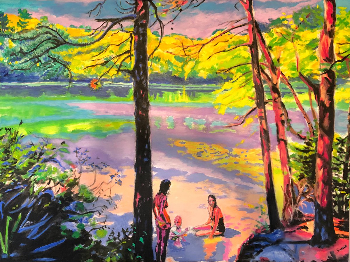 Expressive Landscape Oil Painting By Susan Stewart, 40 X 30", Bathers At Eagle Pond, Original Artwork