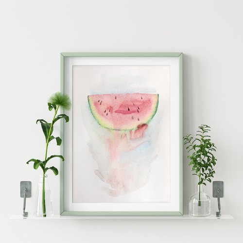 Watercolor slice of watermelon with beautiful detailed texture by Liliya Rodnikova