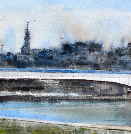 Blue day at Brankos bridge Belgrade 23x54 cm 2024 by Nenad Kojić watercolorist