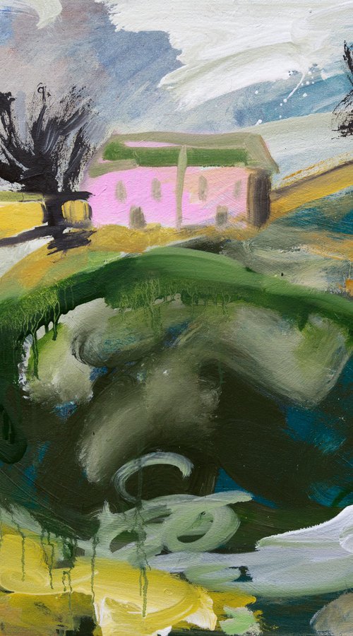 Pink Cottage with Pond by Elizabeth Anne Fox