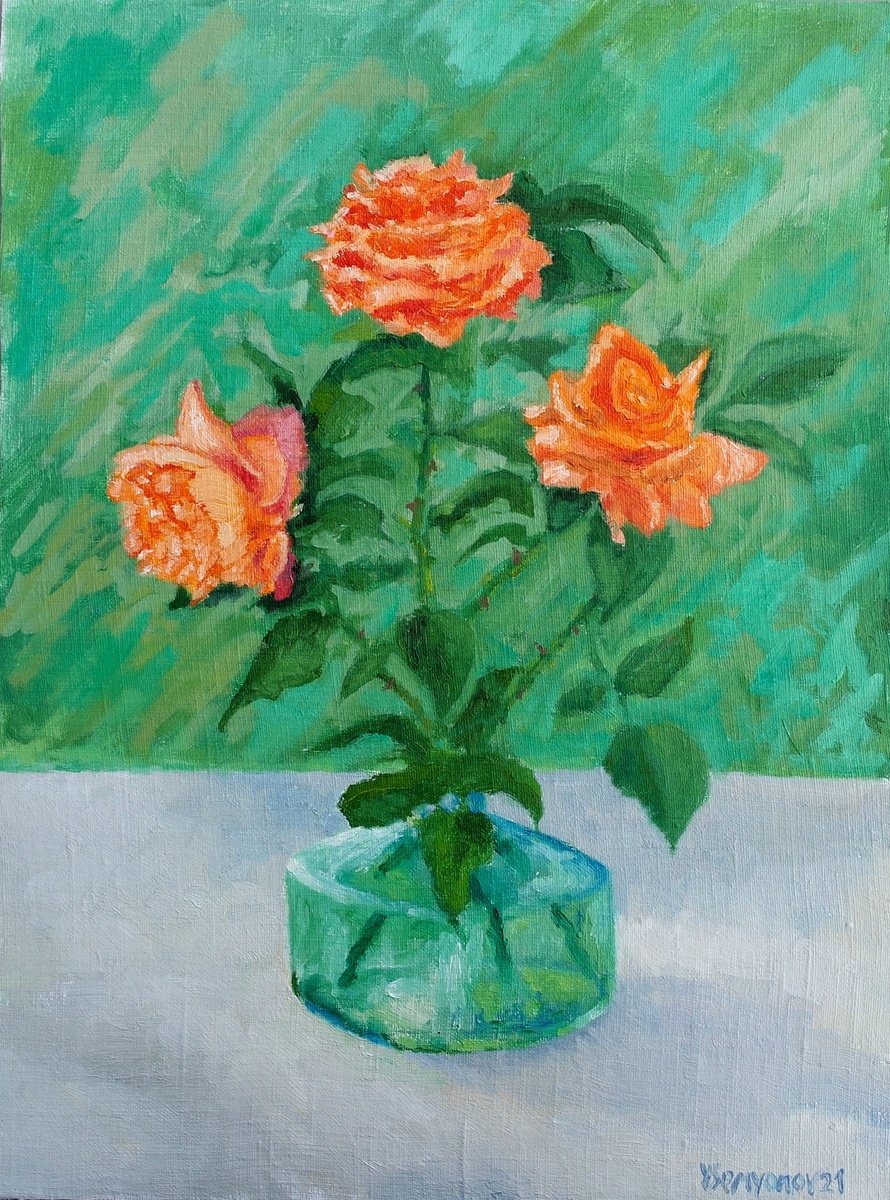 Impressionistic Botanical Oil Painting By Juri Semjonov, 12 X 16", My Garden Roses, Original Artwork