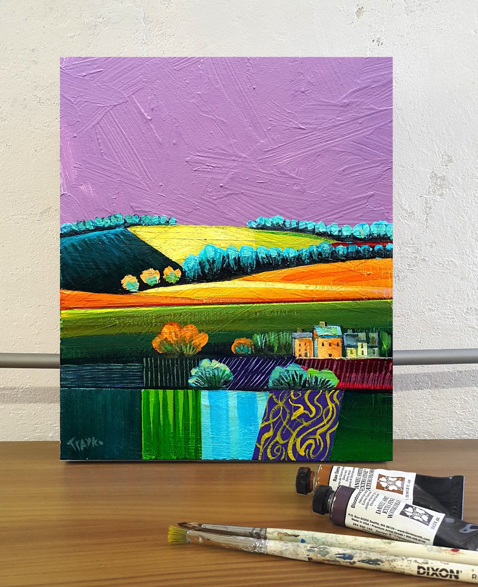 Impressionistic Landscape Acrylic Painting By Trayko Popov, 8 X 10", Violet Nights, Original Artwork