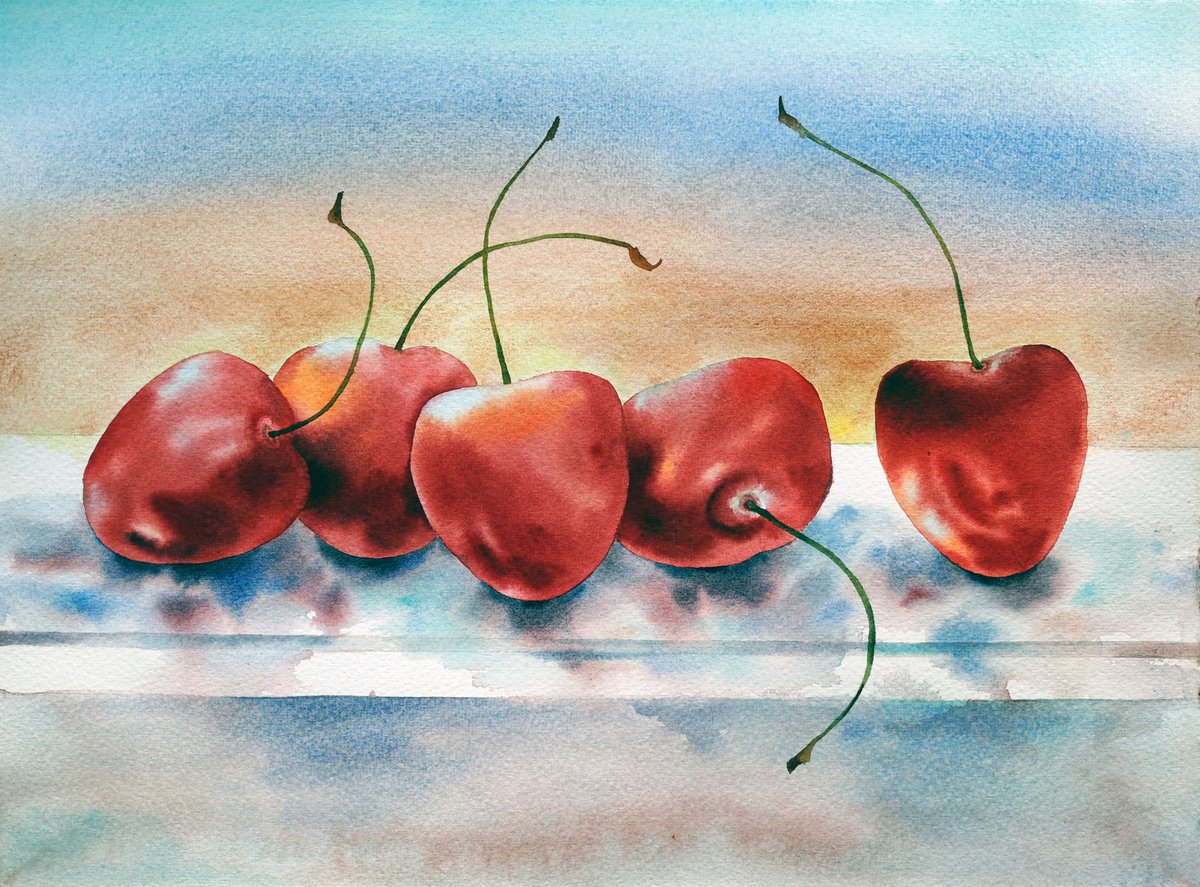 Impressionistic Watercolour , Cherry - Summer Still Life By Delnara El, 15 X 11, Artwork For Sale On Artfinder