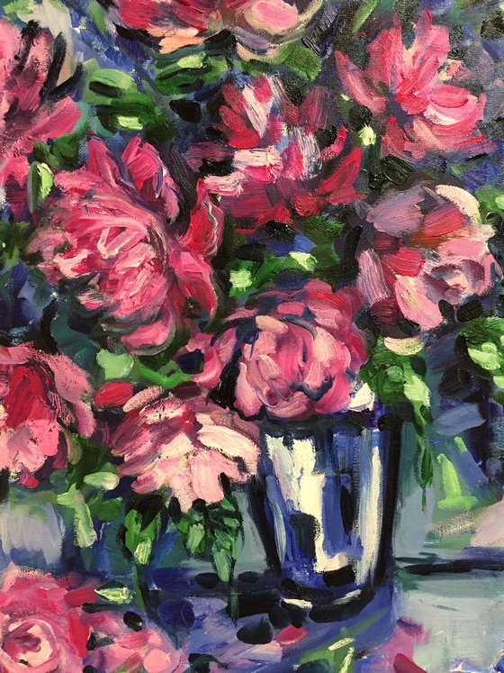 "Peonies in blue vase"