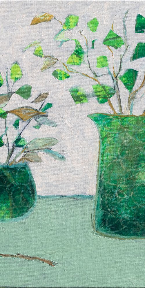 SPECIAL DECORATIVE ART NAIVE STYLE Green pot and jug Fine art Still life Home deco Interior design Wall art Affordable painting by Fabienne Monestier