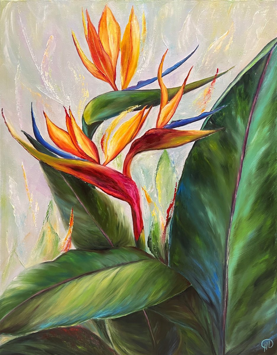 Tropical Chord - picture with bright colors, strelizia, tropical flowers, gift for a girl by Natalie Demina