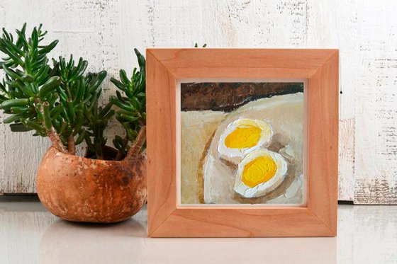 Egg Painting Food Original Art Tiny Kitchen Artwork Impasto Wall Art