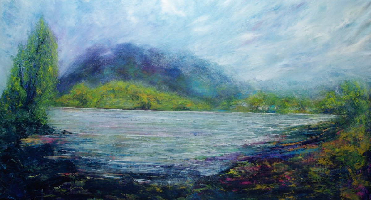 Impressionistic Landscape Acrylic Painting By Oconnart, 54 X 30", Bassenthwaite Lake Cumbria, Original Artwork