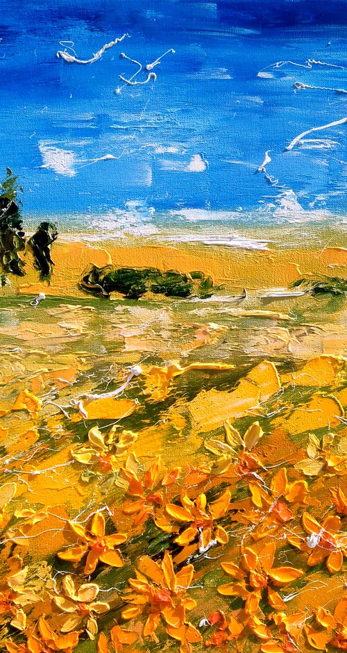Ukraine Painting Landscape Original Art Sunflower Field Oil Artwork Ukrainian Sky Home Wall Art 18 by 14" by Halyna Kirichenko by Halyna Kirichenko