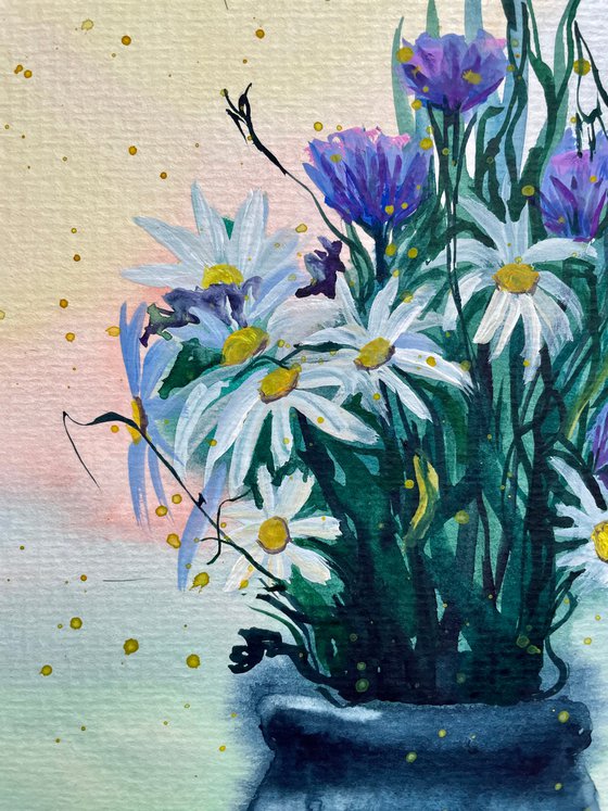 Flowers Original Watercolor Painting, Daisy Wall Art, Wildflowers Artwork, Cottagecore Art, Gift for Her