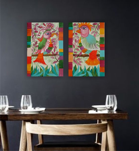 Bird-of-paradise Folk bird B059 set of 2 Small paintings acrylic on canvas