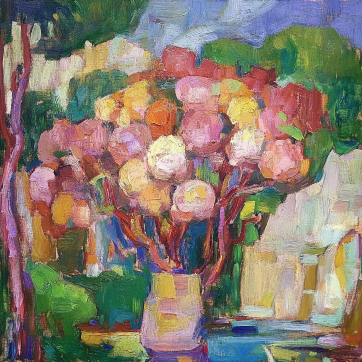 Impressionistic Botanical Print By Elena Avanesova, 31 X 31, Flowers In A Vase Mallorca, Original Artwork