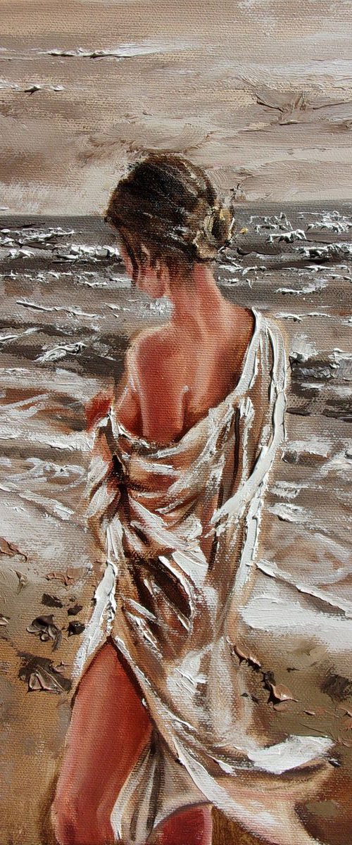 " LAZY EVENING ... "- SKY SEA SAND liGHt  ORIGINAL OIL PAINTING, GIFT, PALETTE KNIFE by Monika Luniak