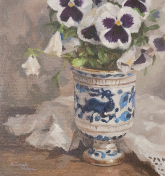 Pansies in a Porcelain Vase