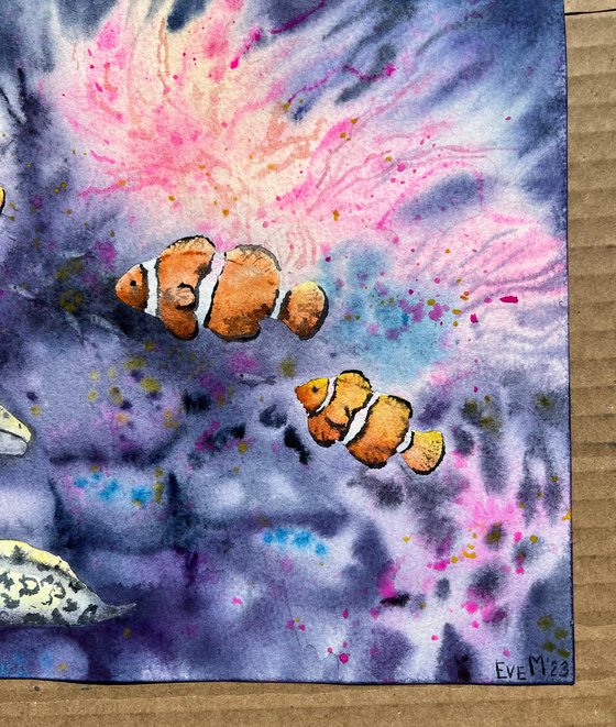 Set of two watercolor artworks. Underwater life of the coral reef. Fish Nemo and moray eels undersea.