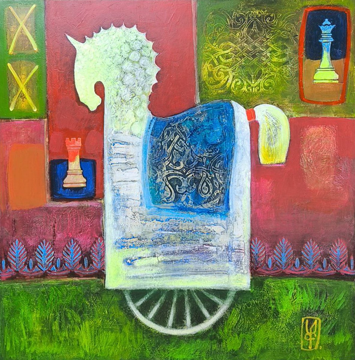 Naive Animal Oil Painting By Abgar Khacahtryan, 28 X 28, Nostalgic Memories, Original Artwork