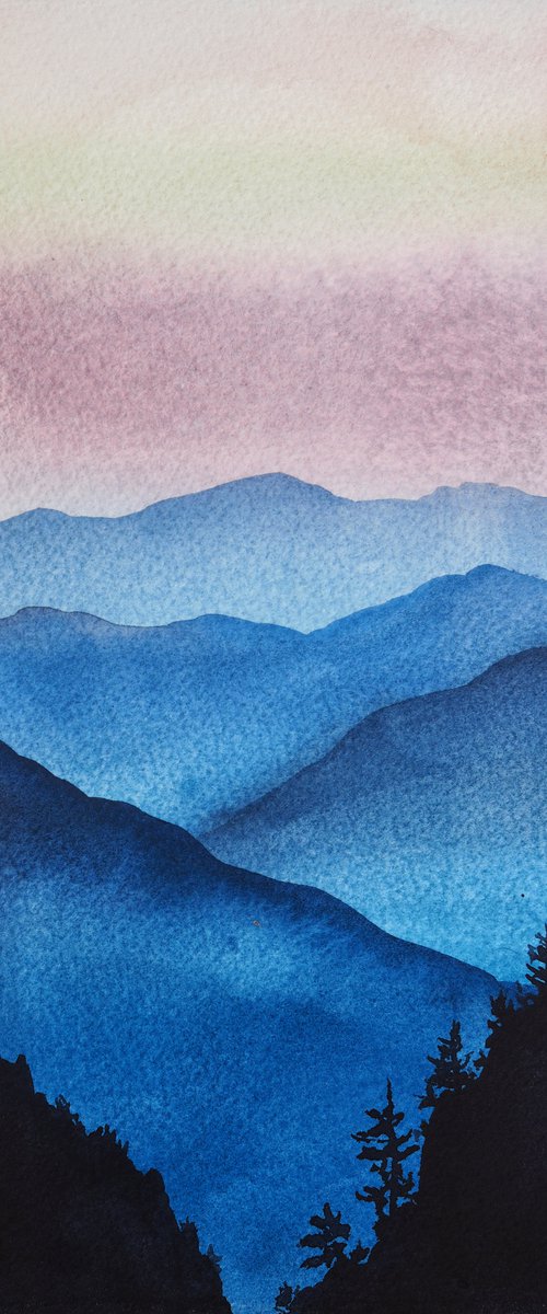 Sunrise in the mountains II - original watercolor artwork by Delnara El