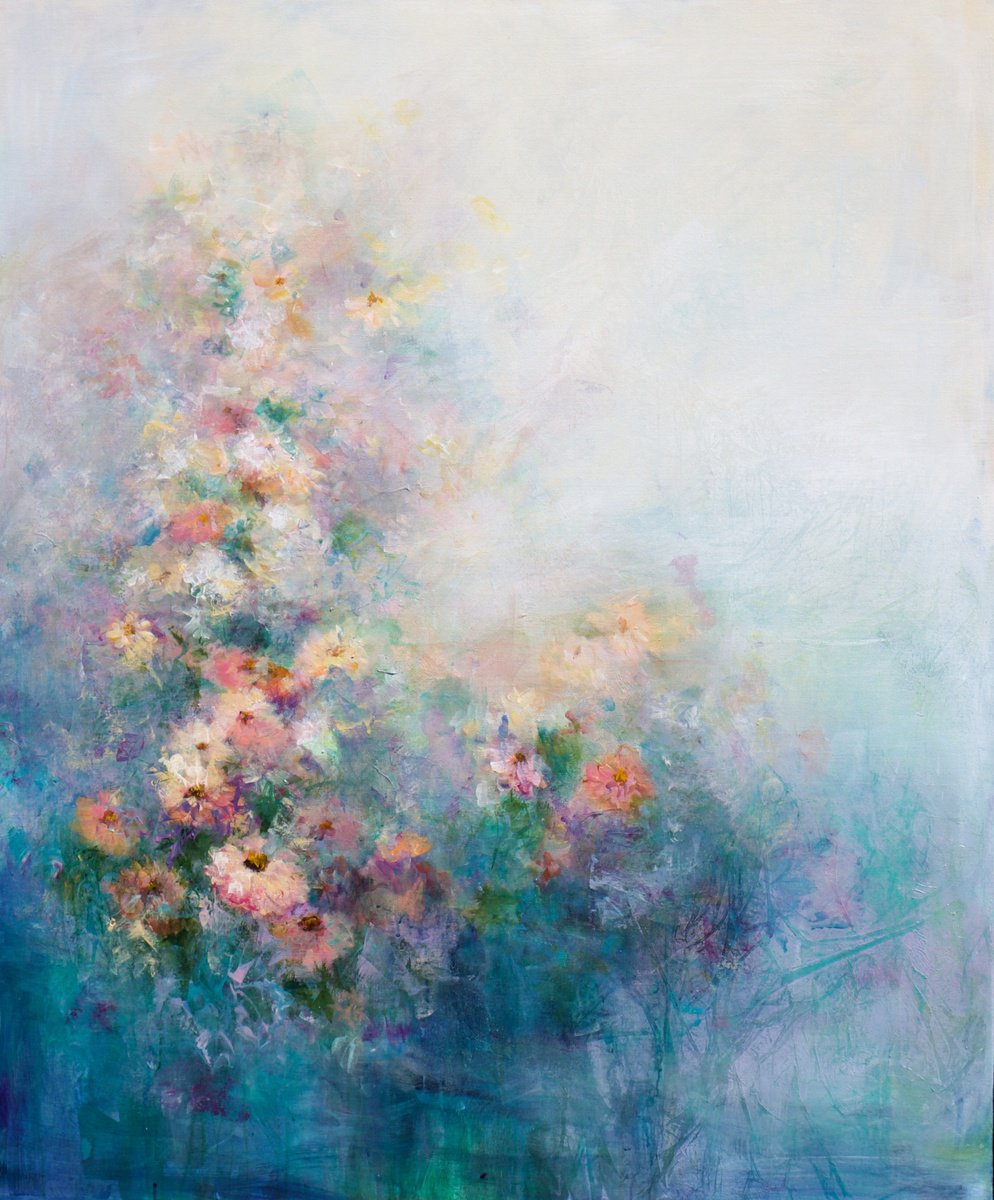 Impressionistic Botanical Acrylic Painting By Karen Hale, 40 X 48", Floral Dreamscape, Original Artwork