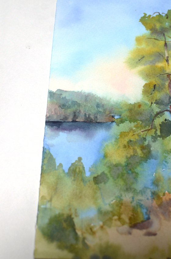 Small watercolor Forest Lake, Russian nature, Karelia