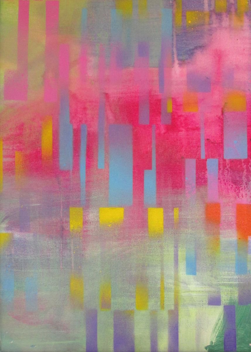 Abstract Cityscapes Acrylic Painting By Alfred Ng, 14 X 20, Stripes, Original Artwork