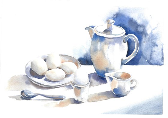 White breakfast artwork, watercolor illustration