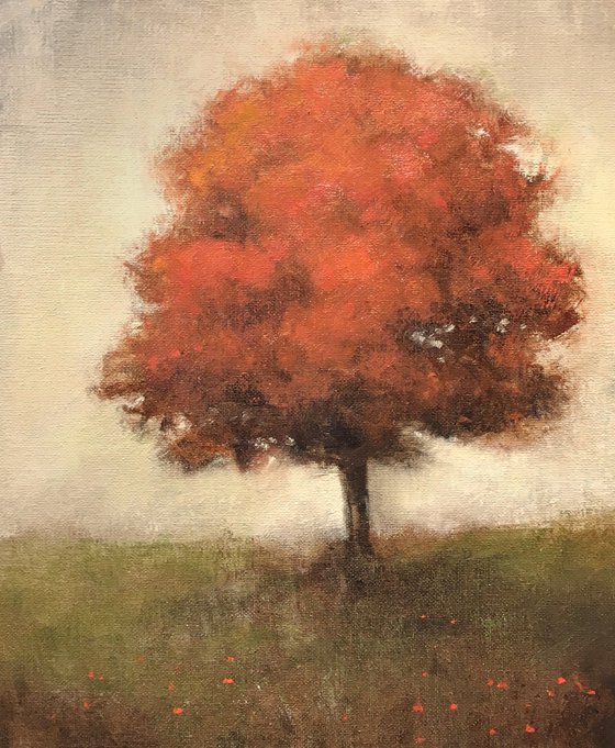 Red Tree 201127, fall colors peaceful zen tree painting.