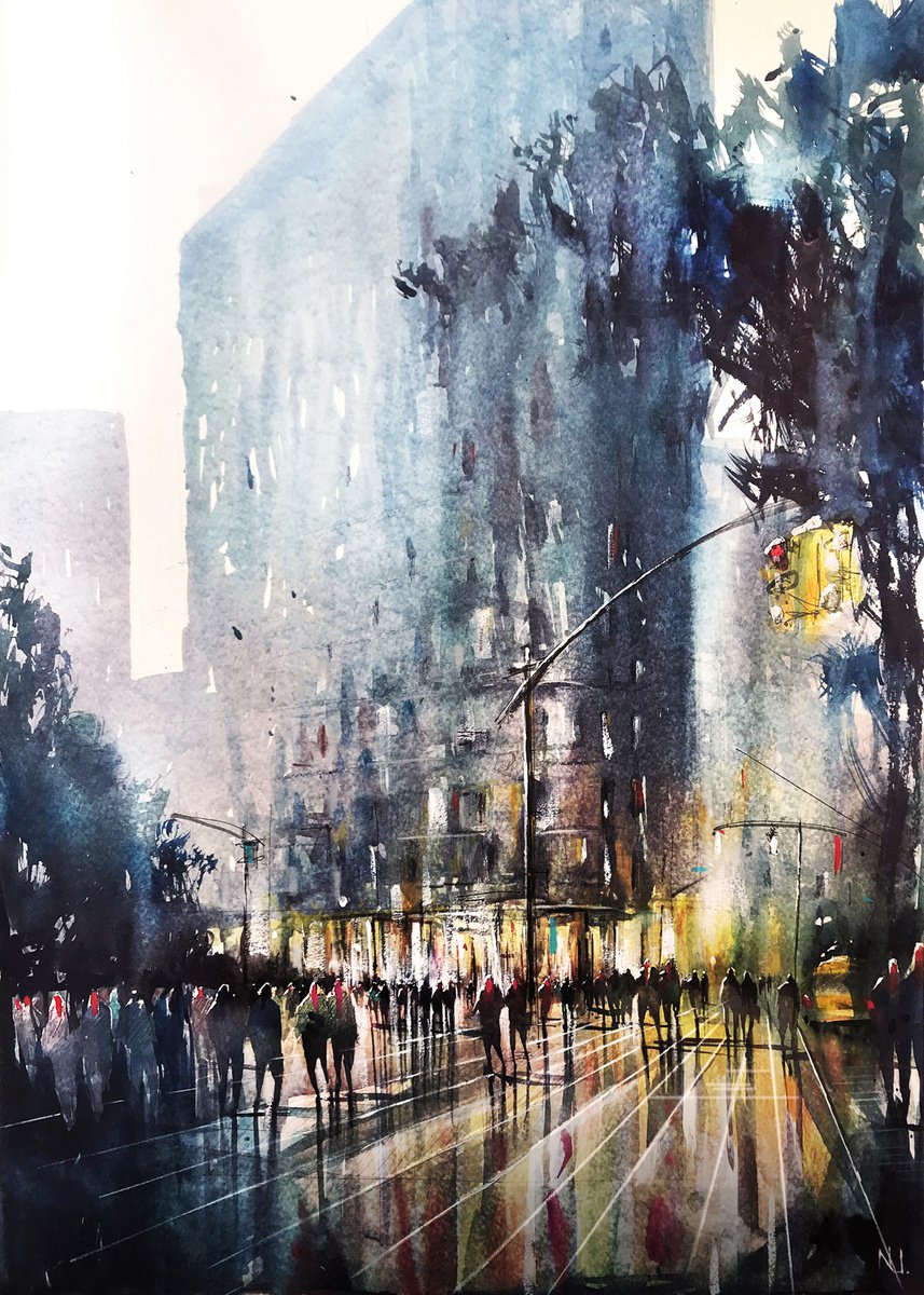 Impressionistic Cityscapes Watercolour By Nicolas Jolly, 20 X 26", New York 002., Original Artwork