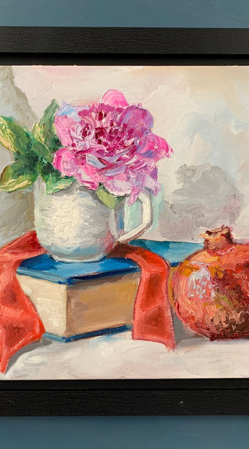 Teacups, Peony flower, Books and pomegranate. by Vita Schagen